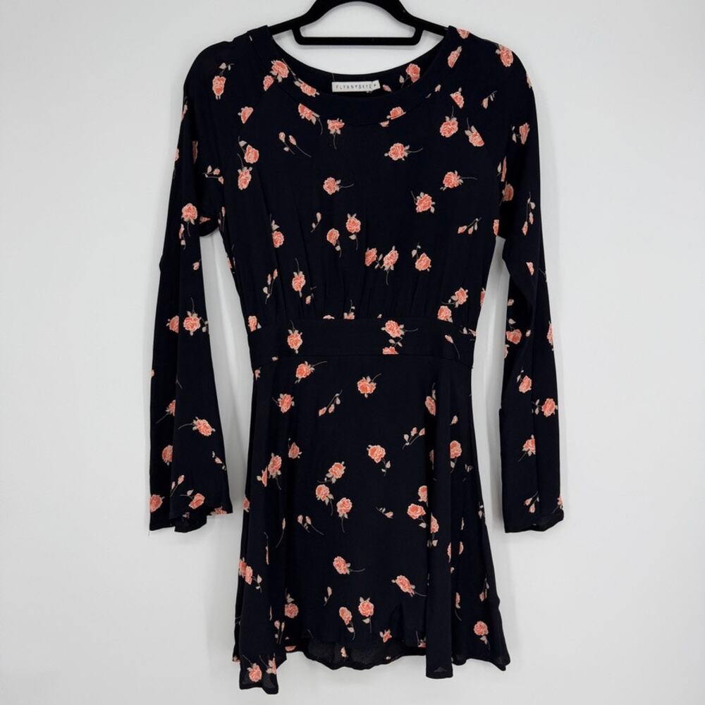 Floral Long-Sleeve Black Dress with Pink Rose Print